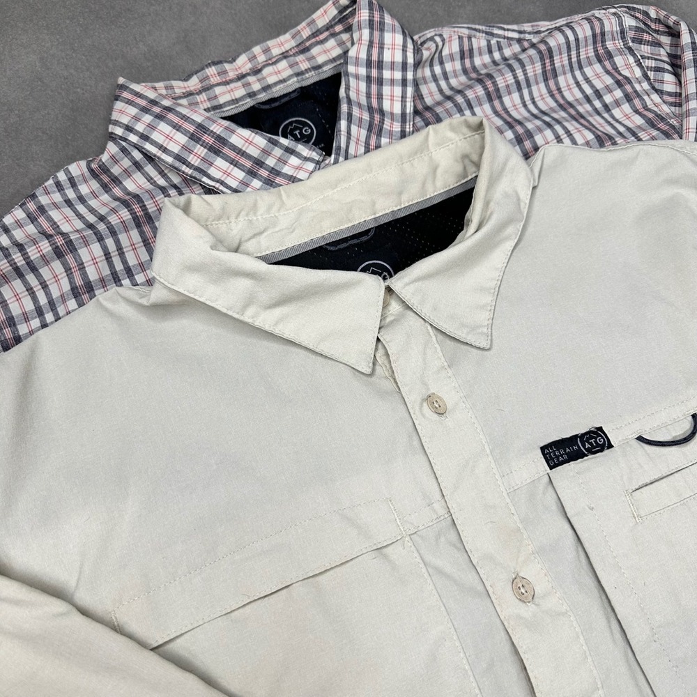 Wrangler ATG Shirt Bundle of 2 Mens XL Tan and Plaid Long Sleeve Utility Hiking
